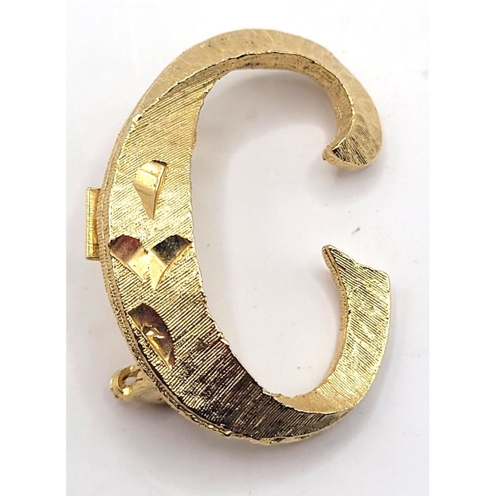 Vintage Mamselle Gold Tone Lettere C Textured Brooch Openwork Signed